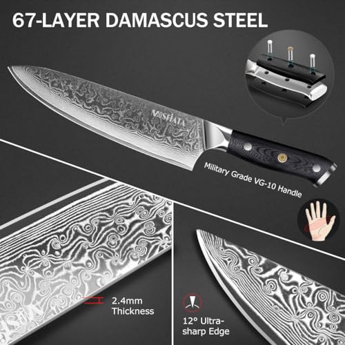 MOSFiATA 3-Piece Damascus Chef Knife Set VG-10 Steel with Gift Box, Includes 8" Chef, 7" Santoku & 5" Utility Knives