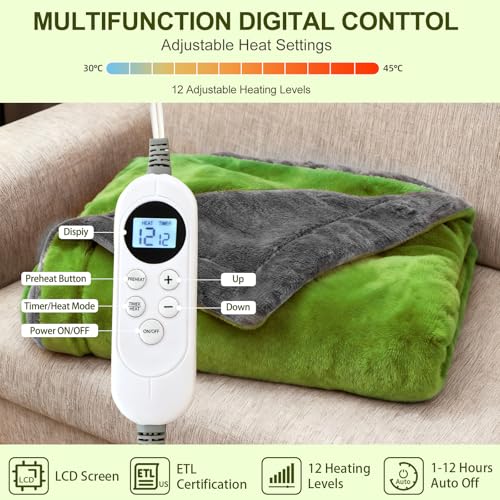 Electric Heated Throw Blanket, 50" x 60" Soft Flannel with 12 Heat Settings