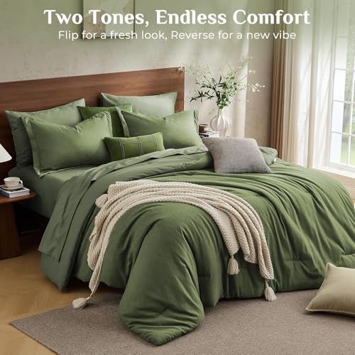 Queen 7-Piece Dark Green Comforter Set with Sheets & Shams
