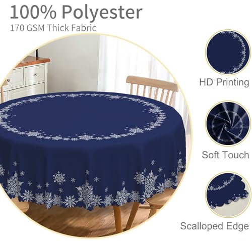 Christmas Round Tablecloth 54 Inch Navy Blue & White Snowflakes Reusable Fabric Cover