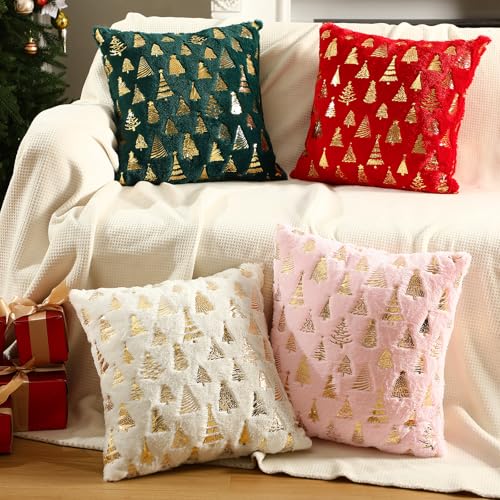 Amyhill Christmas Pillow Covers 18 x 18'' Set of 2 Double Sided Christmas Tree Pillow Cover Soft Plush Faux Fur Pillowcases for Couch Living Room Bed(Red)