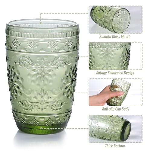 Green 14oz Drinking Glasses Set - Vintage Embossed Glassware, 6-Pack