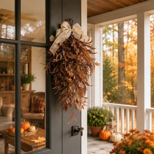 24 Inch Artificial Fall Olive Swag Teardrop Wreath with Bow for Front Door