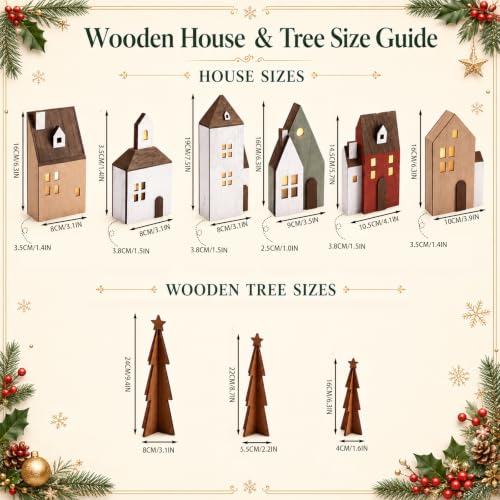 Lighted Wooden Christmas Village Set - 9 Piece Holiday Tabletop Decor