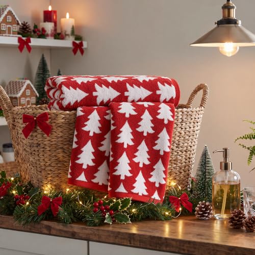 Artoid Mode 3 Pcs Red Xmas Trees Christmas Jacquard Hand Towels for