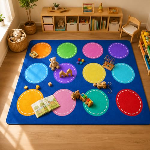 5x7 Ft Kids Classroom Seating Rug - Colorful Circle Non-Slip Play Mat