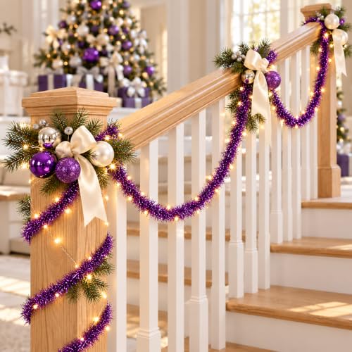 Purple Foil Tinsel Garland 15 Yards Christmas Decorations Thick Multi-Layer