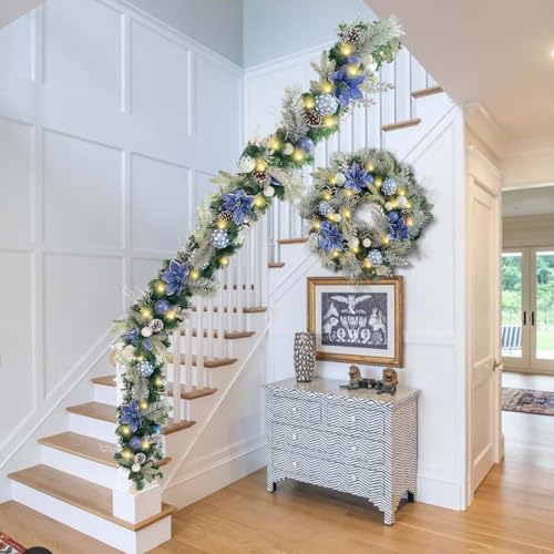 Wanna-CUL 24-Inch Pre-Lit Frozen Winter Christmas Wreath with Blue Poinsettia & Timer Lights - Silver Blue Variation