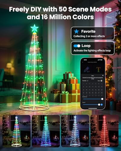 Minetom RGB App-Controlled 5FT/6FT Christmas Cone Tree Lights with Star Topper, Music Sync & DIY RGB Light Show