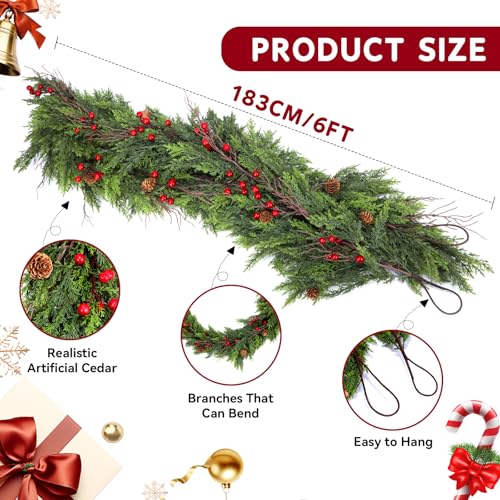 ENVEN 6FT Lush Cedar Christmas Garland with Red Berries & Pine Cones – Indoor/Outdoor Faux Greenery