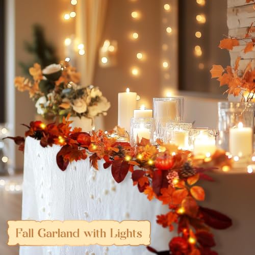 9ft Lighted Fall Garland with Timer, Autumn Maple Leaves & Pumpkins