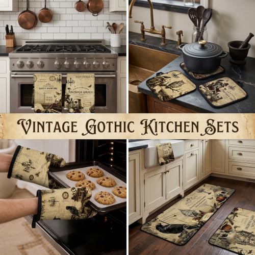 10-Piece Gothic Skull Kitchen Decor Set: Rugs, Towels, Mitts & Pot Holders