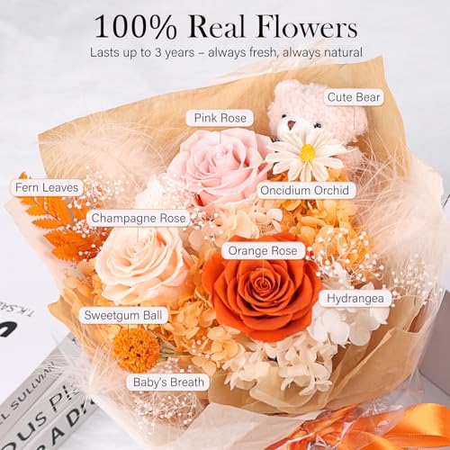Preserved Orange Roses Bouquet with Stuffed Bear & Luxury Gift Box