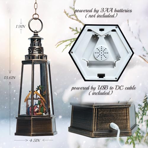 SMOOTHWIND 13.5'' Christmas Nativity Snow Globe Lantern WGL-BLJ - Retro Lighthouse, USB/Battery Powered, Music & Light