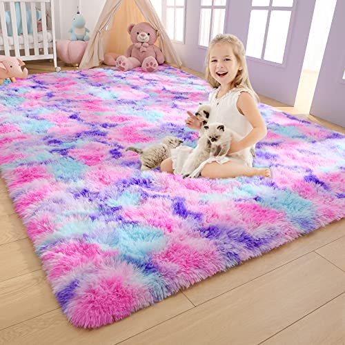 Soft Rainbow Area Rug - 3x5 Feet Fluffy Kids Room & Nursery Carpet
