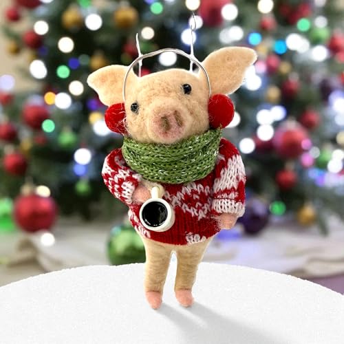 Pig Christmas Ornament – Felted Wool Coffee Sweater Figurine, 5-inch