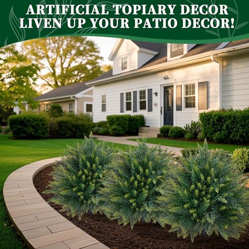 2 Pack 23-Inch Artificial Cedar Topiary Ball Trees for Outdoor Porch Decor