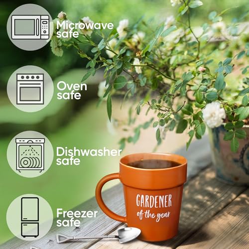 VELENTI Gardener Coffee Mug with Shovel Spoon - Funny Plant Pot Design, 320ml - Gift for Gardener, Mom, Dad, Nature Lover