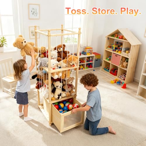 Solid Wood Stuffed Animal Storage Organizer with Clear Drawer