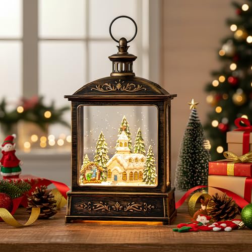 VISFLAIR 12.5'' Church Nativity Snow Globe Lantern with Music & Swirling Glitter