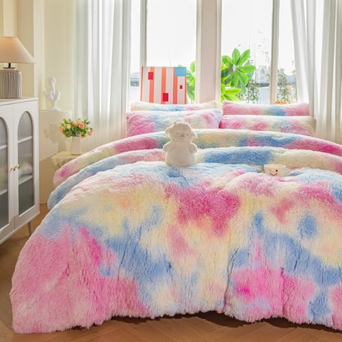 Faux Fur Rainbow Comforter Set for Kids - 3PC Twin/Full