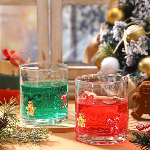 Bokon 2 Pack Christmas Icon Glass Cups, 14 oz Hand Blown Gingerbread & Candy Cane