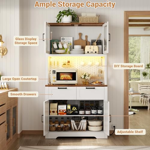 71" Tall Farmhouse Kitchen Pantry Cabinet with Power Outlet & LED Light