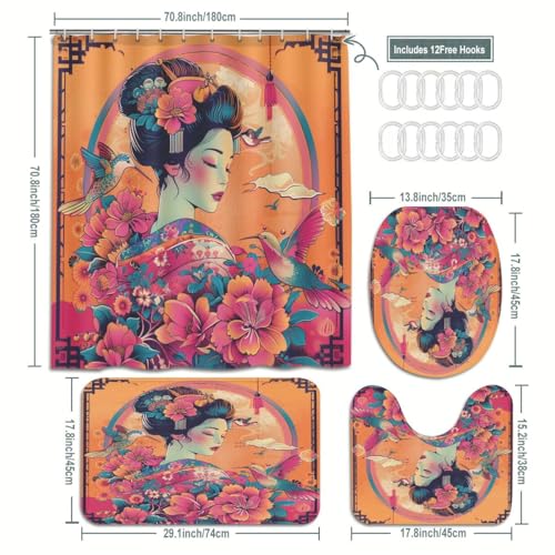 Japanese Geisha 4-Piece Bathroom Decor Set - Shower Curtain & Bath Rugs