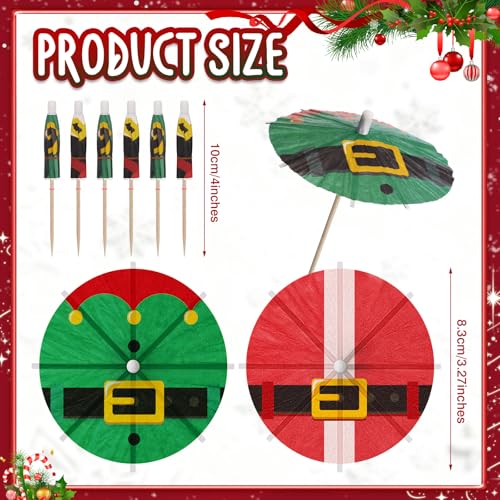 Vesici 200 Pcs Christmas Cocktail Umbrellas Santa Elf Belt - 2 Patterns, 100 Each