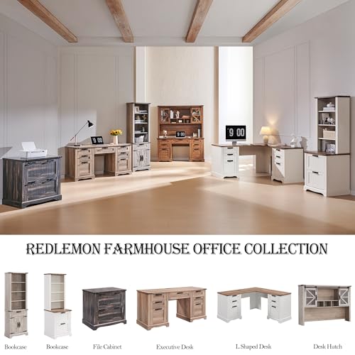 60-Inch L-Shaped Executive Desk with Hutch, Farmhouse Storage Computer Desk