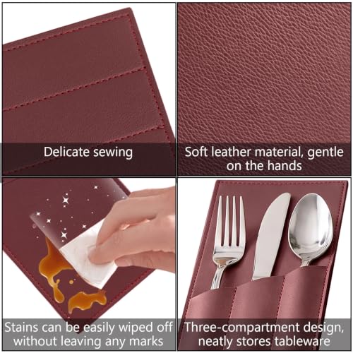 Wine Red Leather Cutlery Sleeve Set - 2 Pcs Utensil Holders for Dining
