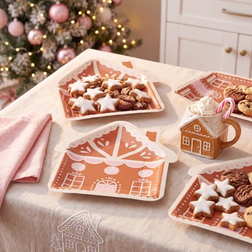 Pastel Gingerbread House Christmas Paper Plates - 60 Pack, Disposable Holiday Dinnerware
