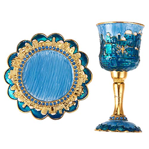 Hand-Painted Enamel Kiddush Cup Set with Tray and Crystal Embellishments