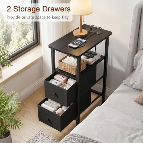 Narrow End Table with Charging Station & 2 Fabric Drawers - Slim Side Table