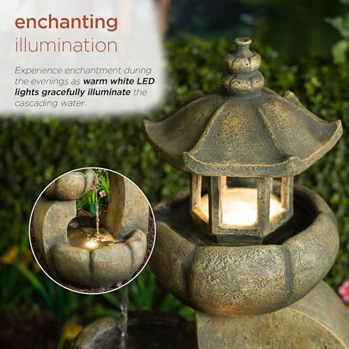 32-Inch 2-Tier Pagoda Fountain with LED Lights for Garden and Patio