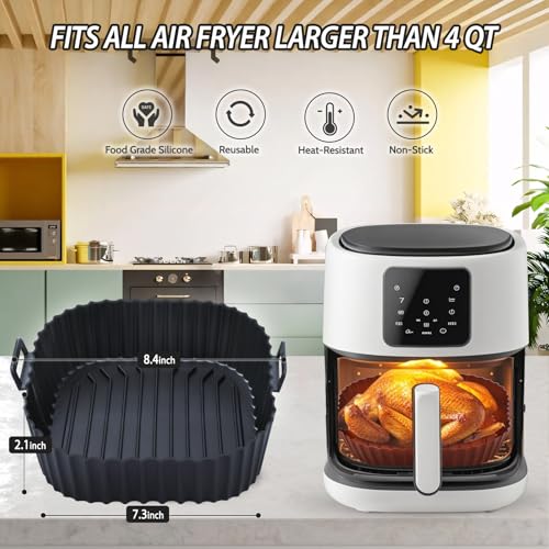Reusable Silicone Air Fryer Liners, 3-Piece Square Basket Set for 4-7 QT