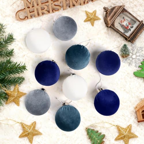 EverMerry 15 PCS Velvet Christmas Ornaments Set - Blue & White, 3.14'' Holiday Decorations for Tree, Wreath, Garland