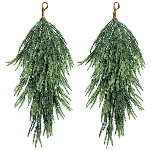 28-Inch Faux Norfolk Pine Christmas Teardrop Door Swags - Set of 2