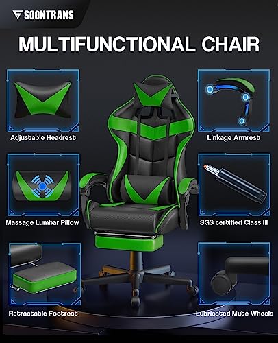 Ergonomic Gaming Chair with Footrest and Lumbar Support - Jungle Green
