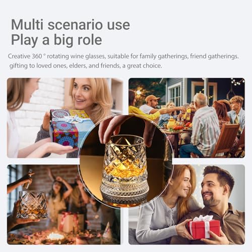 GOWARM Pattern 2 360° Rotating Whiskey Glass Set with Ice Ball Mold, Clear Bourbon & Scotch Glassware for Men, Gift Idea