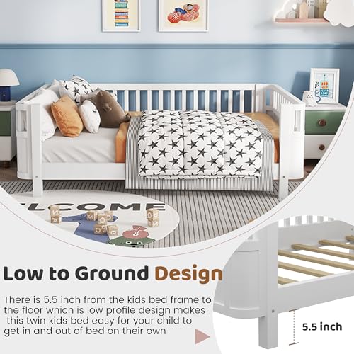 Full Size Montessori Bed Frame with Detachable Rails, Solid Wood Low Profile