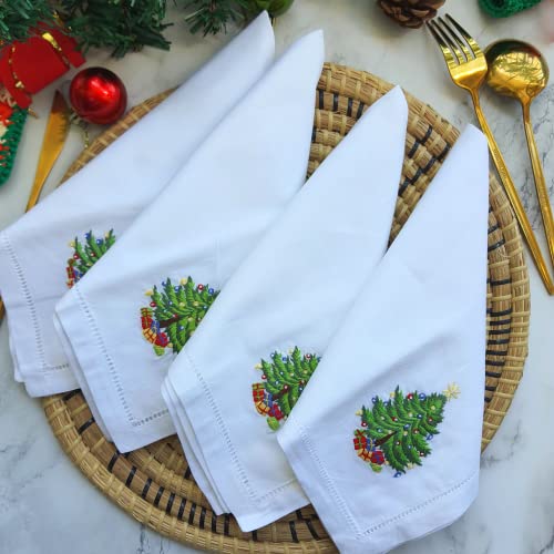 HCRAFT Christmas Tree Embroidered Cotton Napkins Set of 4, 18x18 Inches - Festive Cloth Tableware