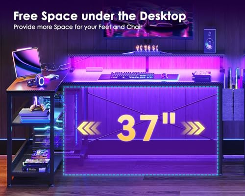 48-Inch L-Shaped Gaming Desk with LED Lights, Power Outlets & Storage