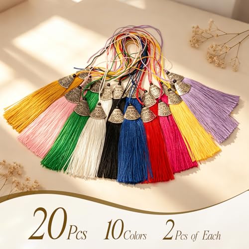 20pcs Boho Silk Tassel Charms with Antique Silver Caps for DIY Jewelry Craft
