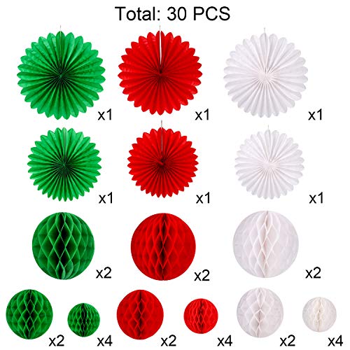 Konsait Christmas Paper Honeycomb Balls & Fans Kit – 30pc Red Green White Party Decor