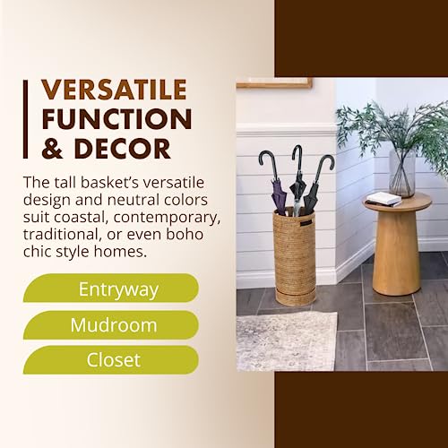 Handwoven Rattan Umbrella Stand with Drip Tray, 21-Inch Tall Entryway Holder