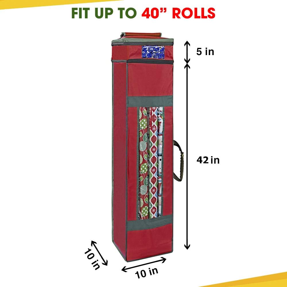 ProPik Wrapping Paper Storage Bag - Heavy Duty with Pocket & Clear Window | Fits 40-Inch Rolls, Red, 47 x 10 x 10 Inch