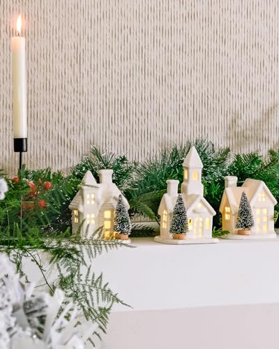Lighted White Ceramic Christmas Village Houses with Trees - 3-Piece Set