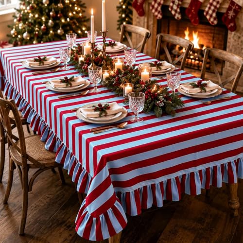 JarThenaAMCS Ruffled Striped Tablecloth 60 x 120 in - Blue Burgundy (Blue Burgundy / 120" x 60")