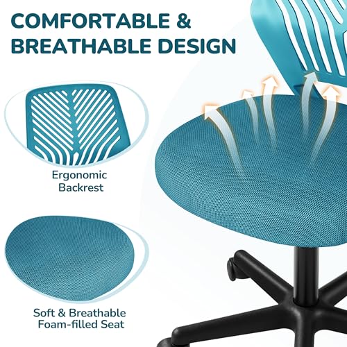 Armless Adjustable Swivel Office Chair, Ergonomic Small Desk Chair, Turquoise